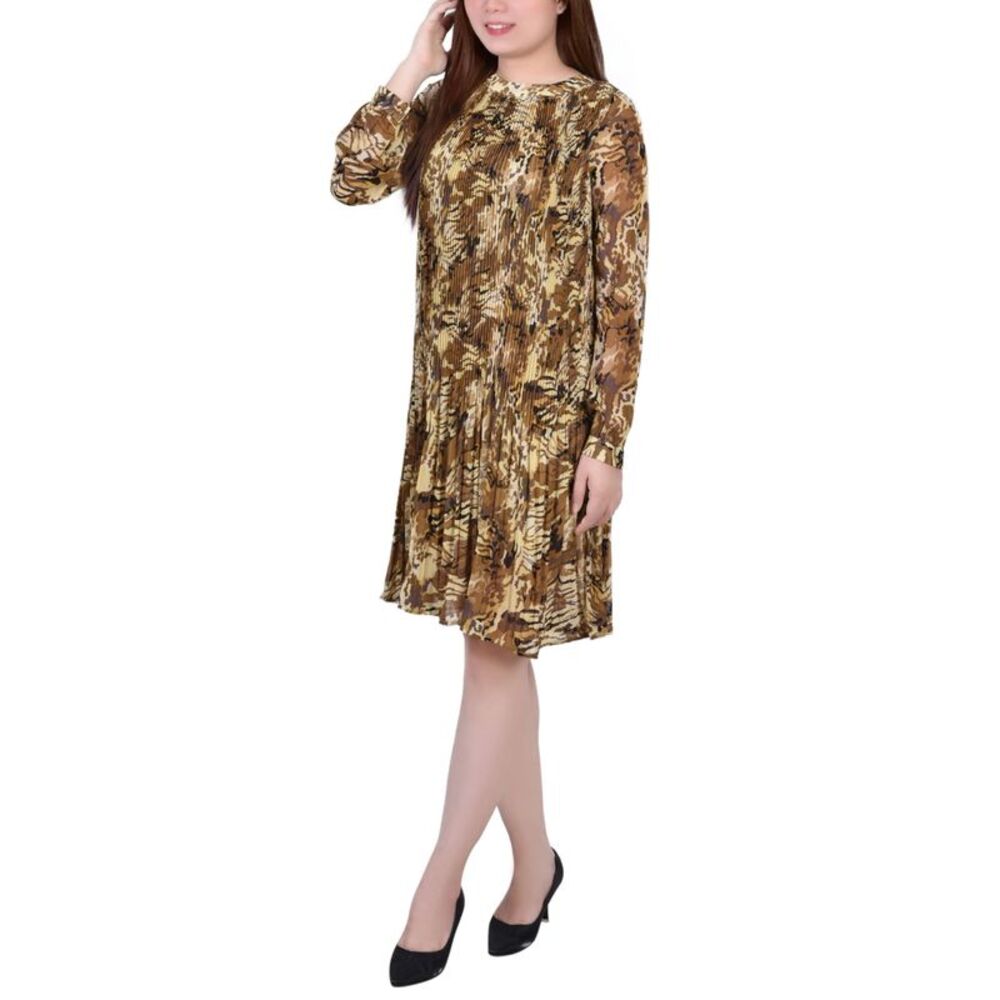 NY Collection Petite Long Sleeve Pleated Dress